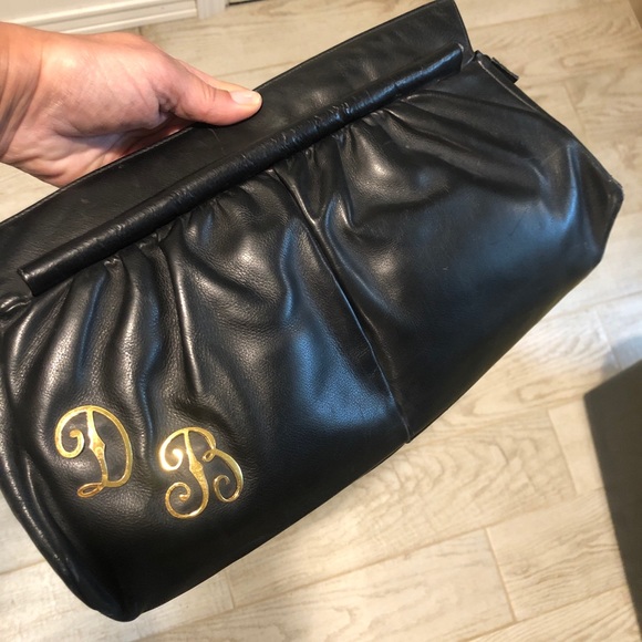 Vintage Custom Made Black Leather Clutch Monogram “DB” - Picture 1 of 6